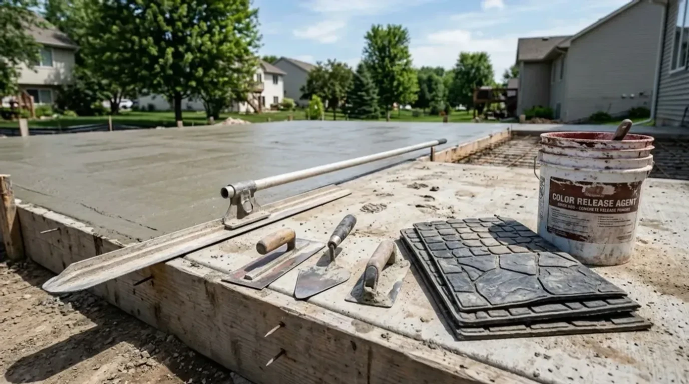Professional concrete finishing tools and stamping equipment on a Jensen Decorative Concrete job site
