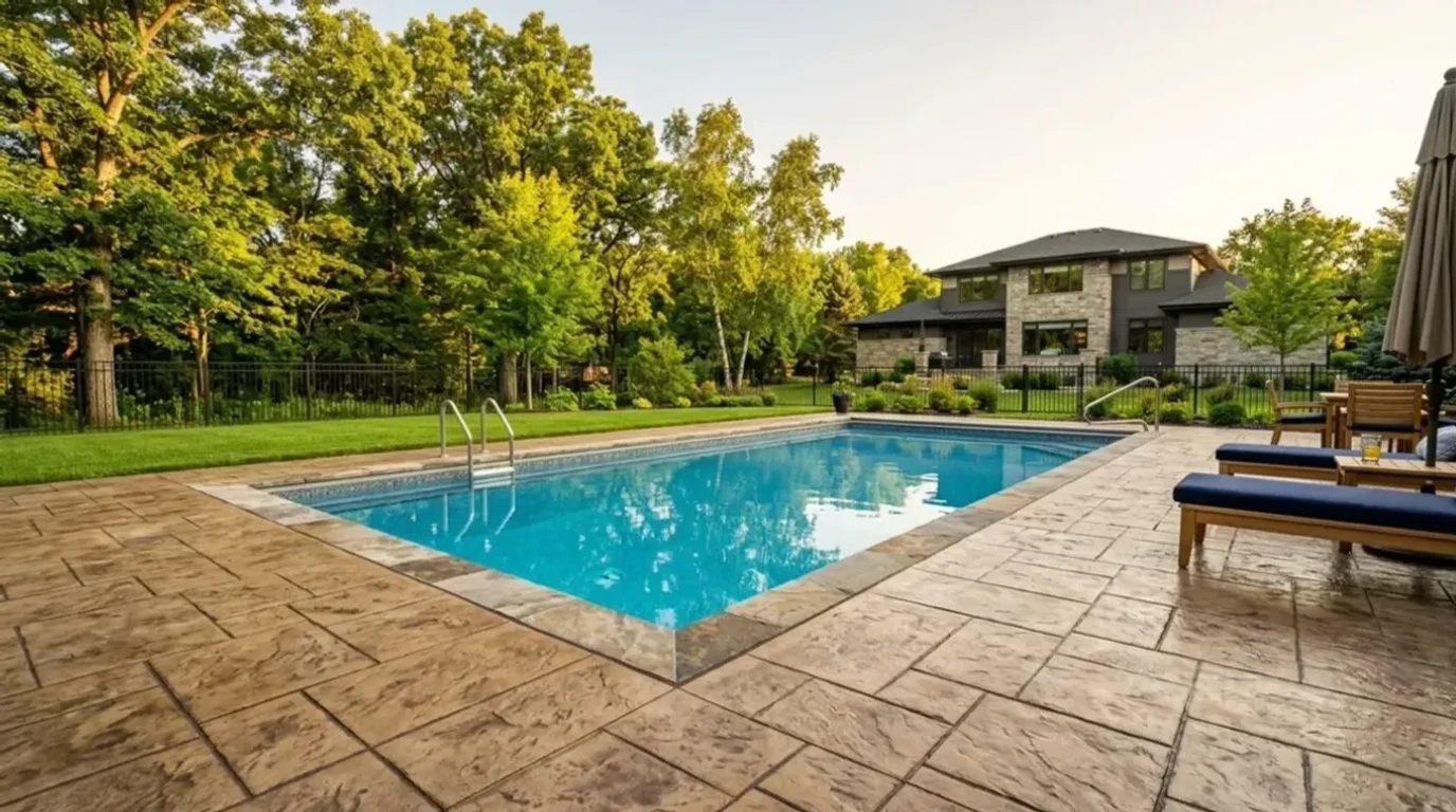 Stamped concrete pool deck installation in Bloomington, MN by Jensen Decorative Concrete