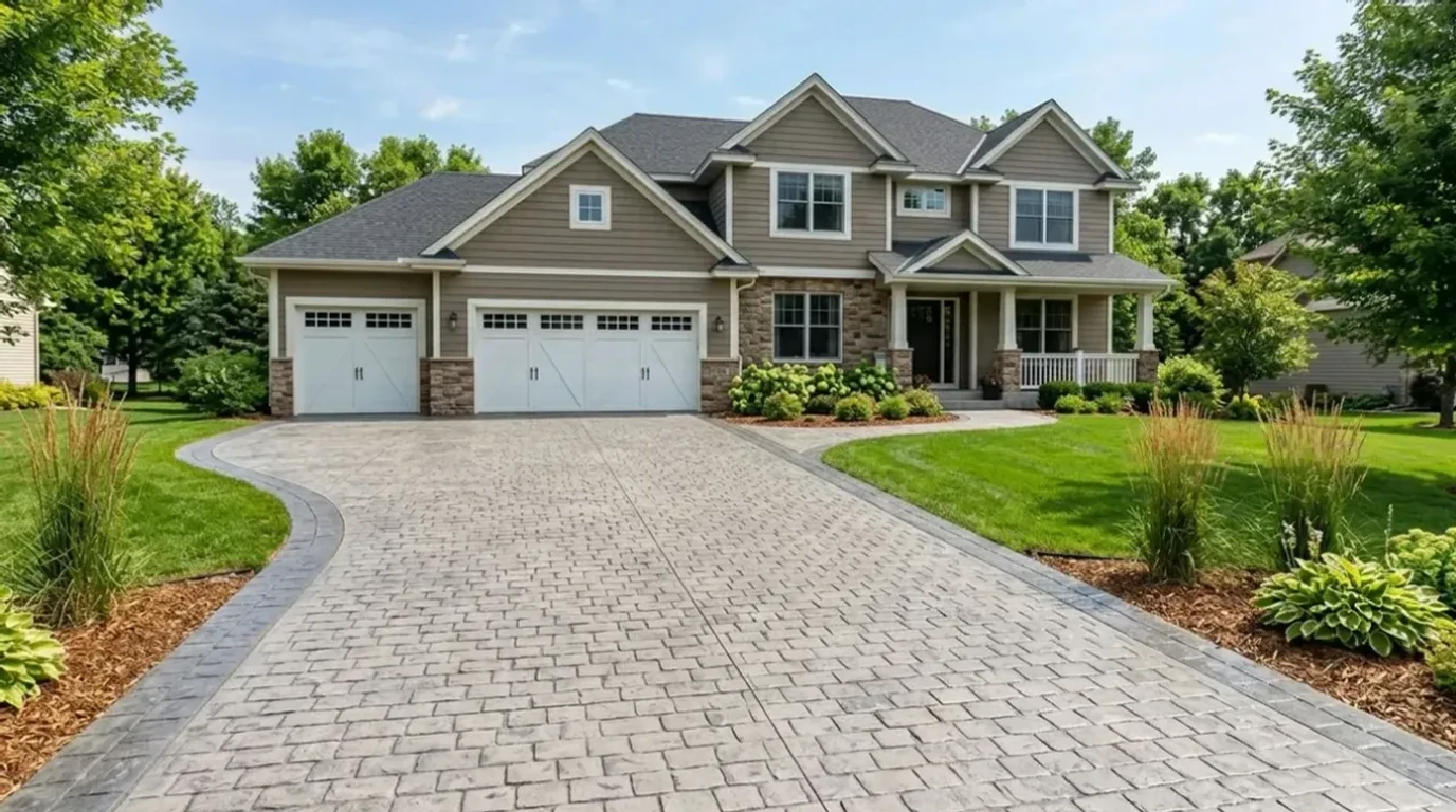Stamped concrete driveway with cobblestone pattern and decorative border in Eden Prairie, MN