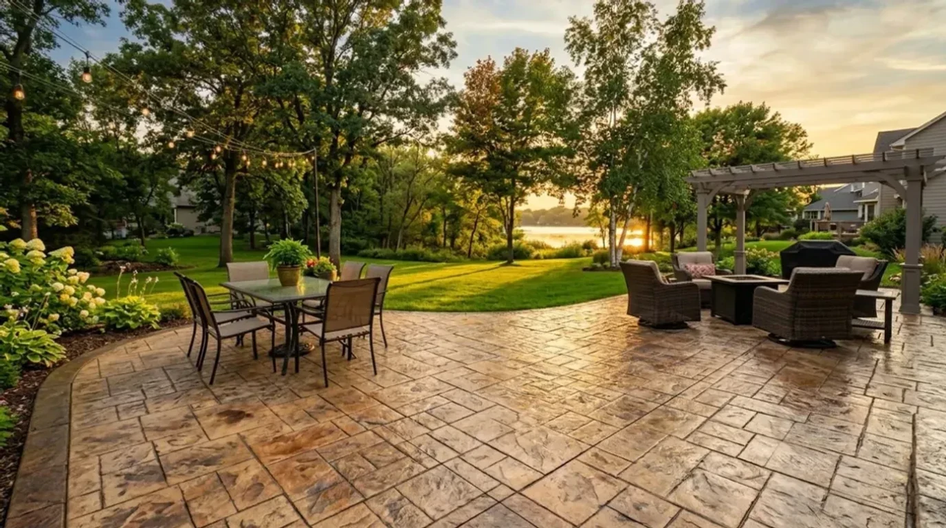 Stamped concrete patio with natural stone pattern installed by Jensen Decorative Concrete in the Twin Cities Metro