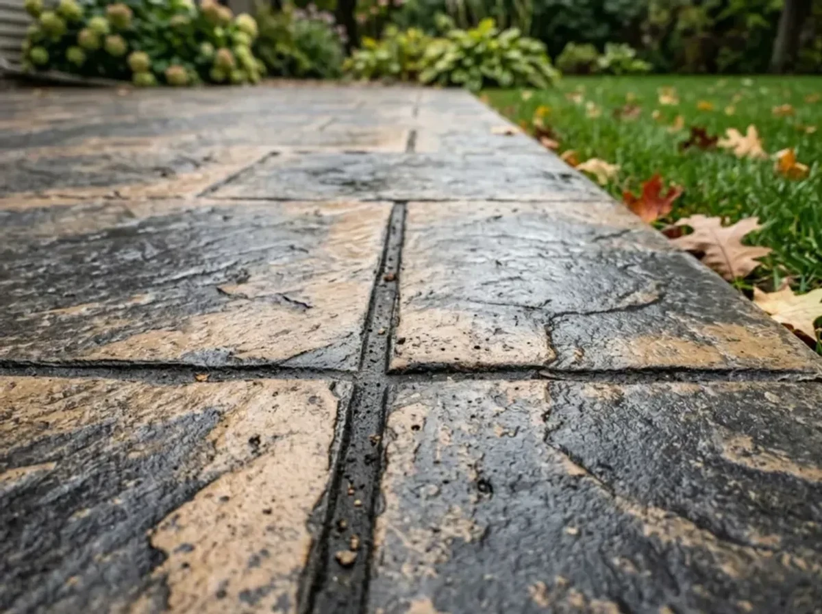 Close-up of ashlar slate stamped concrete pattern showing detailed texture and two-tone coloring