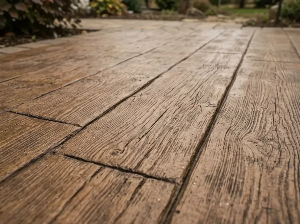 Wood plank boardwalk stamped concrete pattern with realistic wood grain texture