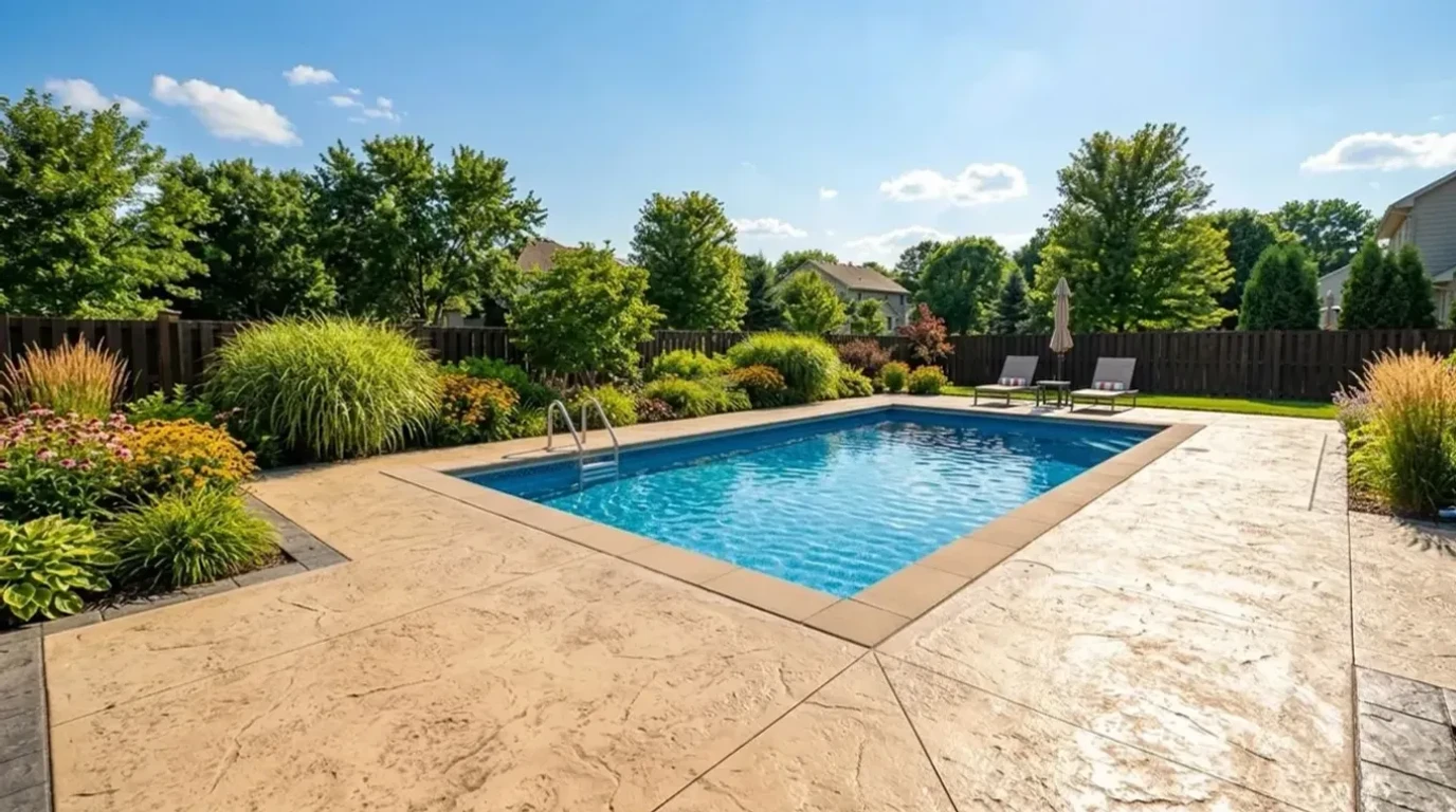 Stamped concrete pool deck with knockdown texture in Shorewood, MN